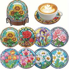8件套DIY钻石画杯垫套装 - 盛开的花朵，圆形闪亮钻石表面，强力背胶，工具齐全，适合初学者，减压手工，新年、情人节、圣诞节、教师节礼物，家居装饰杯垫，送给家人、朋友、女朋友、老师 - 彩色 - 查看 2
