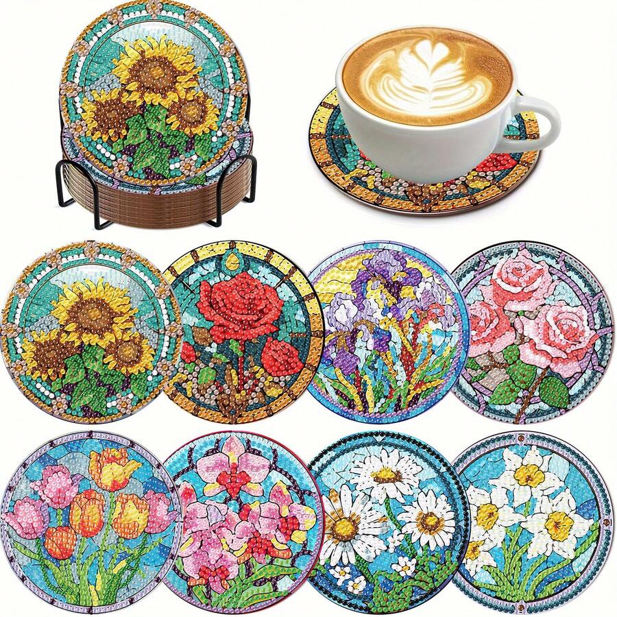 8件套DIY钻石画杯垫套装 - 盛开的花朵，圆形闪亮钻石表面，强力背胶，工具齐全，适合初学者，减压手工，新年、情人节、圣诞节、教师节礼物，家居装饰杯垫，送给家人、朋友、女朋友、老师
