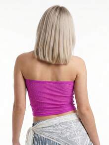 Women Rhinestones Tube Tops Shimmer Twist Cutout Ruched Off-Shoulder Bandeau Backless Shirts For Streetwear - Hot Pink - View 6