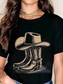 ropa de mujer Camiseta gráfica con estampado de sombrero y botas de vaquero del oeste para mujer, top casual de verano, camiseta de moda estilo country con diseño estampado dorado, camisas d - Negro - Ver 6