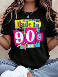 ropa de mujer Camiseta Retro Vintage Hecha en los 90 para Mujer, Camiseta Gráfica con Temática de los 90, Top Casual Unisex, Camiseta Nostálgica de Moda de los 90, Perfecta para Fiestas de Cumpleaños, Disfraces de Halloween o Uso Diario, camisas de mujer - Negro - Ver 1