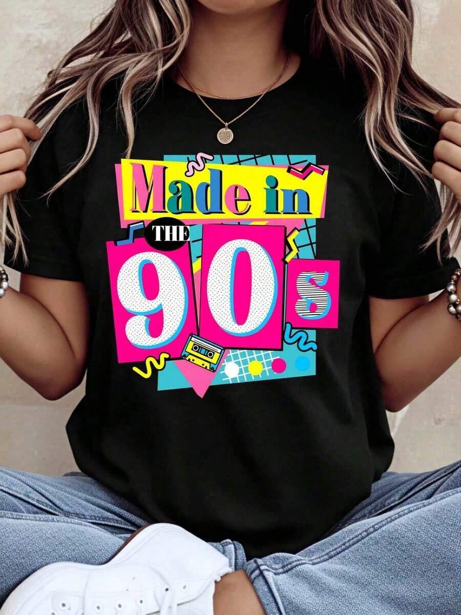 ropa de mujer Camiseta Retro Vintage Hecha en los 90 para Mujer, Camiseta Gráfica con Temática de los 90, Top Casual Unisex, Camiseta Nostálgica de Moda de los 90, Perfecta para Fiestas de Cumpleaños, Disfraces de Halloween o Uso Diario, camisas de mujer - Negro - Ver 1