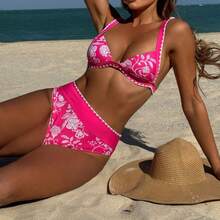 Nuevo traje de baño de bikini de cintura alta con estampado de encaje. - Flor - Ver 6