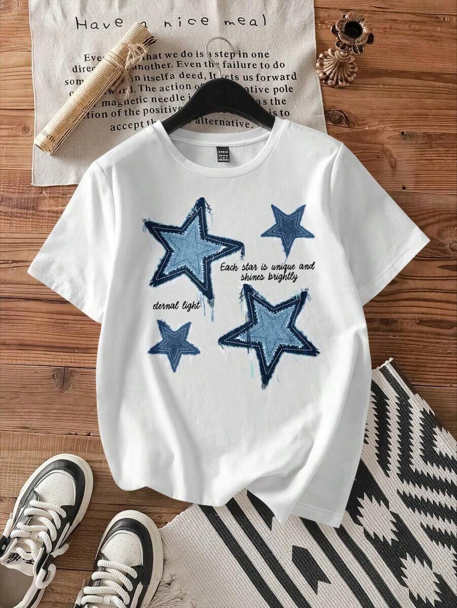 Short-Sleeved Cotton T-Shirt With A Round Neckline, Star Print, And Fitted Cut, Suitable For Summer - White - View 1