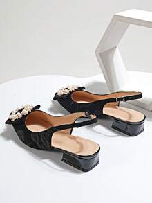 Elegant Fashion Strap Peep Toe Sandals With Faux Pearl Decor - Black - View 6