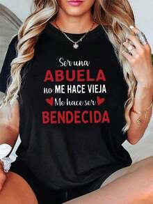FashionNEWCamiseta para mujer con frase en español "Ser Una ABUELA No ME HACE VIEJA" - "Ser Abuela No Me Hace Vieja, Me Hace Bendecida" - Top casual de manga corta y cuello redondo, blusa de primavera verano para regalos, vacaciones y atuendo casual (ajuste regular)-Vintage Street Style Unisex Loose Cotton Short Sleeve Crew Neck T-Shirt - Negro - Ver 8