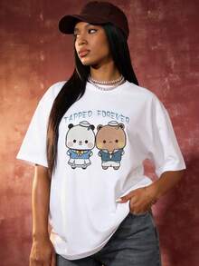 Camiseta de verano para mujer, casual, de cuello redondo y manga corta, con un estampado dulce de dos adorables osos marineros con uniformes azules y la frase "Forever". Color negro. - Blanco - Ver 1