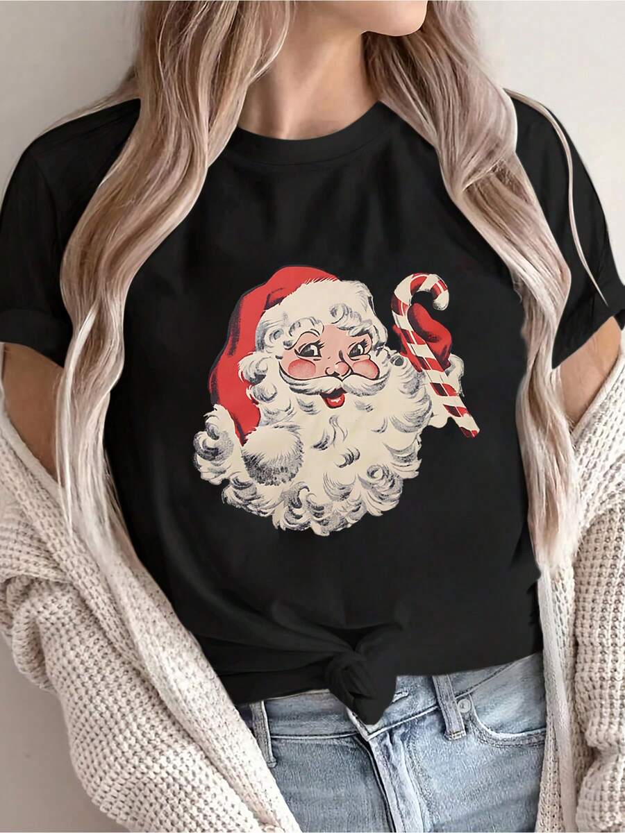 Ropa navideña casual para mujer con estampado, prenda de ajuste regular, manga corta de ajuste cómodo, lavable a máquina - Negro - Ver 1