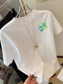 Camiseta con estampado gráfico de monstera y patrón de planta tropical, manga corta y cuello redondo, top casual para verano y primavera, ropa de mujer - Blanco - Ver 3