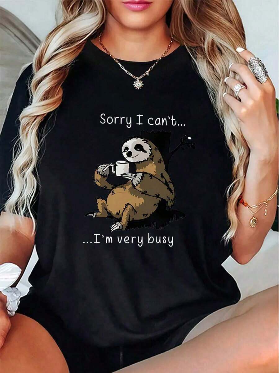 Women's Casual Sloth Print T-Shirt - "Sorry, I Can't... I'm Too Busy" Funny Animal Print T-Shirt, Soft And Stretchy, Crew Neck, Short Sleeve, For Summer And Casual Wear, Leisure Wear, Fun Design, Non-See-Through Material - 黑色 - 查看 1
