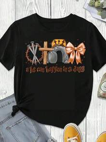 Elegante y casual para mujer, manga corta, camiseta de mujer con estampado de cruz religiosa de Pascua y tumba vacía con lazo. Pueden ocurrir muchas cosas en 3 días. Ropa casual blanca para primavera y verano. - Negro - Ver 3