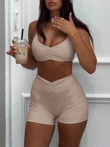 女款露背運動內衣，交叉肩帶修身短版上衣，瑜伽訓練健身套裝，優雅風格 - 駝色 - 查看 5
