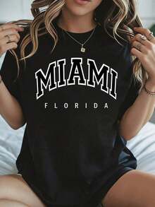 Elegant And Casual Women's Short Sleeve Round Neck T-Shirt, Miami Florida Print, White Casual Wear For Women, Spring And Summer. - 黑色 - 查看 8