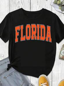 Elegante y casual, camiseta de manga corta para mujer, con cuello redondo, con el logo de la Universidad Estatal de Florida, estampado naranja, color negro, ropa casual para la temporada primavera-verano. - Negro - Ver 3