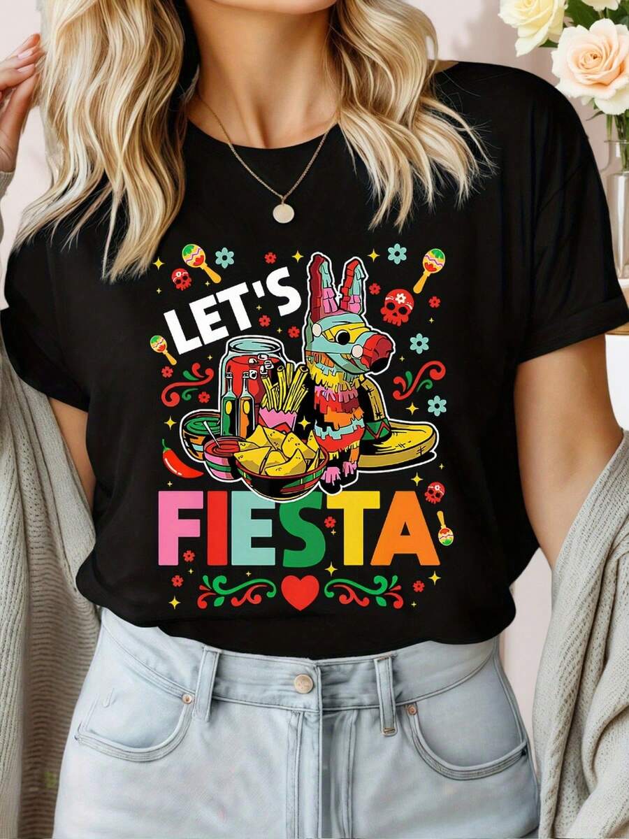 Camiseta de algodón puro, camiseta de primavera/verano en blanco y negro para mujer, estampada con motivos de fiesta mexicana, alegría, entusiasmo y diseños animados, cuello redondo, regalo moderno de manga corta. - Negro - Ver 1