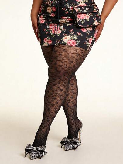 1pc Plus Size Women Gothic Heart Jacquard Fishnet Leggings, Black Elastic Sexy Fishnet Stockings, Suitable For Halloween, Christmas, Party, Daily Wear