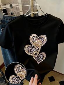 [Circle]Women's Casual T-Shirt, Pink Diamond Heart Print T-Shirt, Sweet And Understated Luxury Style, Gift, Casual Round Neck Top, Breathable, Lightweight And Comfortable, Suitable For Spring And Summer Wardrobes - Unisex Urban Style Vintage T-Shirt, Loose Fit, Cotton, Short Sleeve And Round Neck - 黑色 - 查看 6