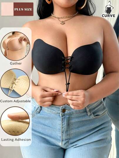 1/2 paquete Sujetador Adhesivo Invisible Talla Grande con Efecto Push-Up - Sin Aros, con Cordón, Autoadhesivo, sin Tirantes, sin Espalda, Escote Profundo en V, Levanta y Moldea, Realza el Busto, Transpirable y Cómodo, Apto para Bodas y Uso Diario.