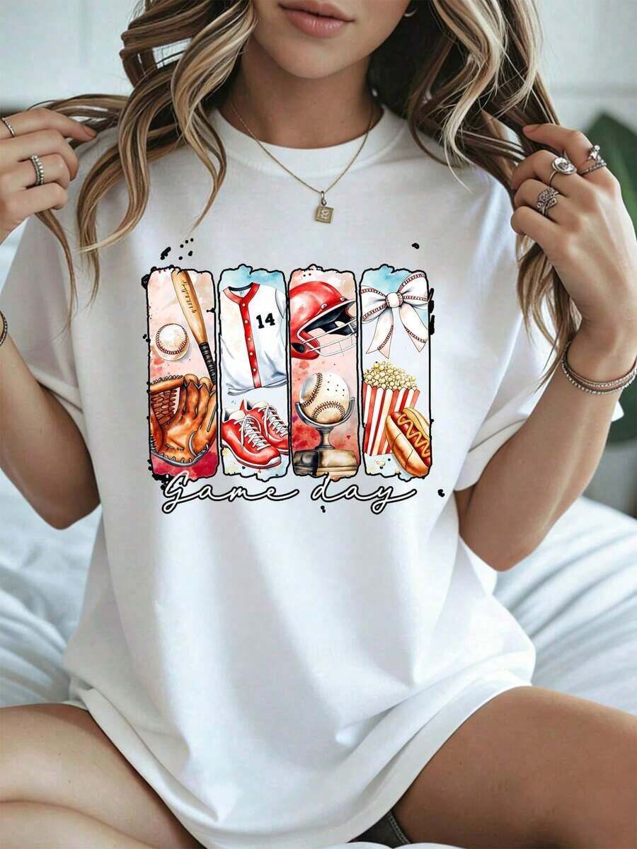 Camiseta de béisbol elegante y casual para mujer, de manga corta, con estampado de equipo de béisbol y snacks, ropa casual negra para primavera y verano. - Blanco - Ver 1