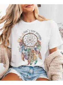 Soft 100%CottonT-ShirtStyle 2026, Pack Of 1, Women's Short Sleeve Round Neck Printed T-Shirt, Suitable For Spring And Summer, Printed With A Colorful Dreamcatcher And The Phrase "Don't Stop Dreaming", Versatile, Machine Washable, Comfortable, Suitable For Daily, Casual, And Sporty Wear, Fashionable Round Neck T-ShirtBreathable Cotton Tee, All Matchcool - 白色 - 查看 6