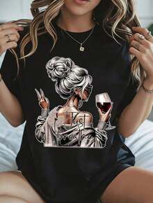 Elegante y casual para mujer, manga corta, camiseta para mujer con estampado de copa de vino y símbolo de paz, ropa casual negra para el uso diario en verano y primavera. - Negro - Ver 1