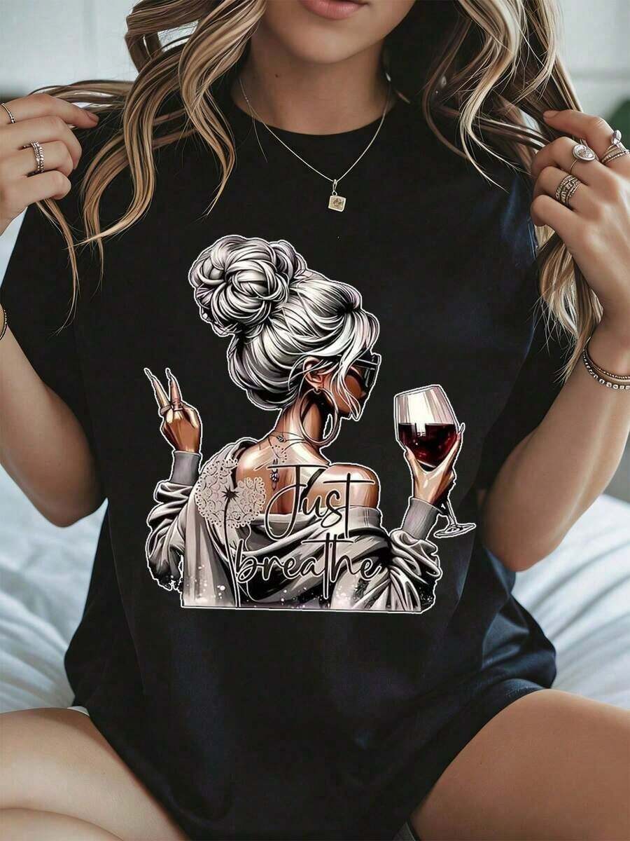 Elegante y casual para mujer, manga corta, camiseta para mujer con estampado de copa de vino y símbolo de paz, ropa casual negra para el uso diario en verano y primavera. - Negro - Ver 1