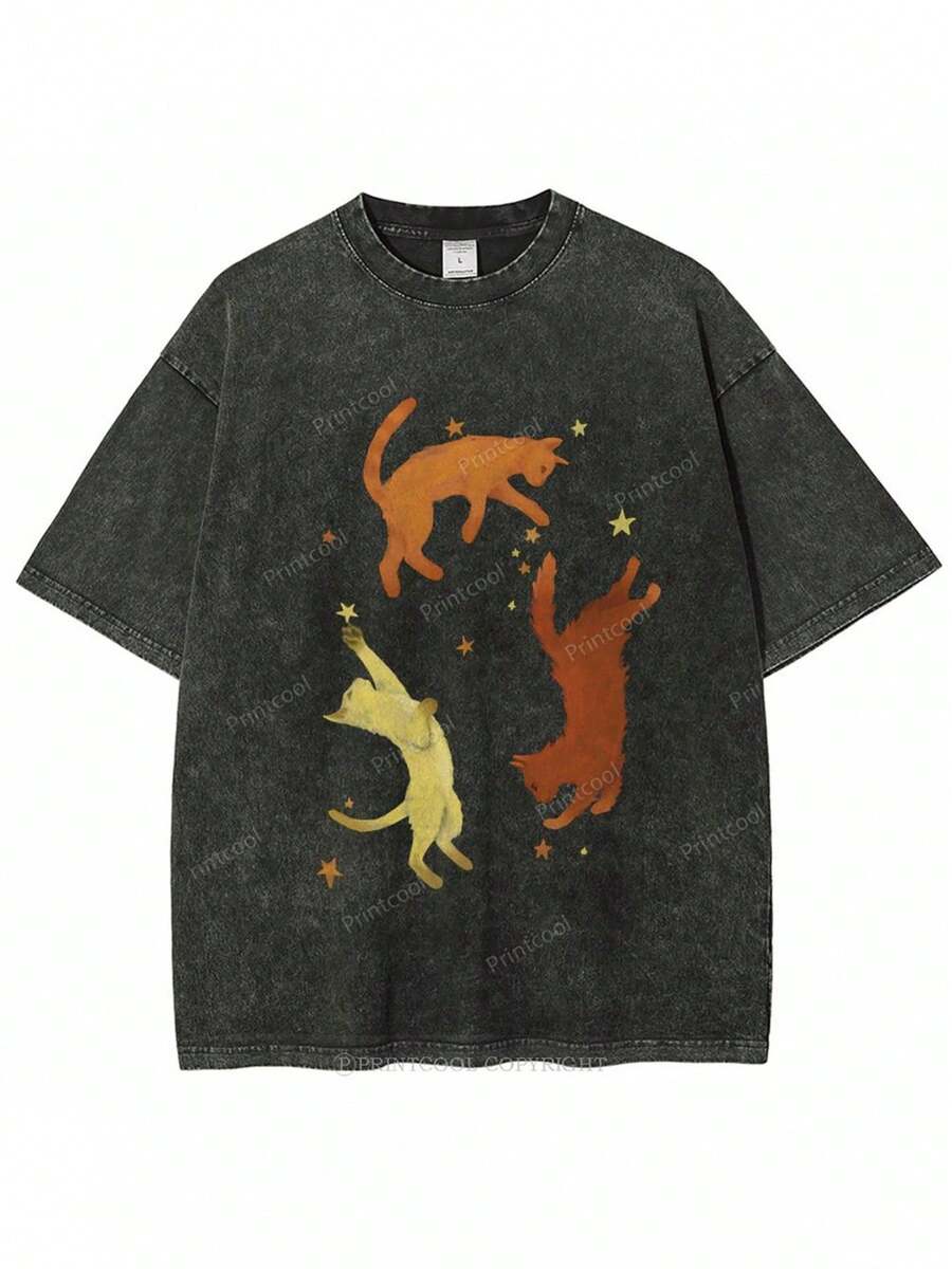 1 pieza de camiseta de algodón lavado con estampado de fiesta de gatos, camiseta de marca de moda vintage de algodón batik de alta calidad, camiseta para mujer, popular para uso diario, regalo de vacaciones, regalo perfecto, 180g 100% algodón. - Negro - Ver 1