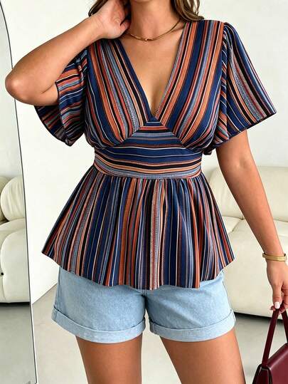 Rusttydustty Blusa de verano de talla grande para mujer, de estilo bohemio y casual, con rayas azules, cintura ceñida, escote en V y mangas con volantes