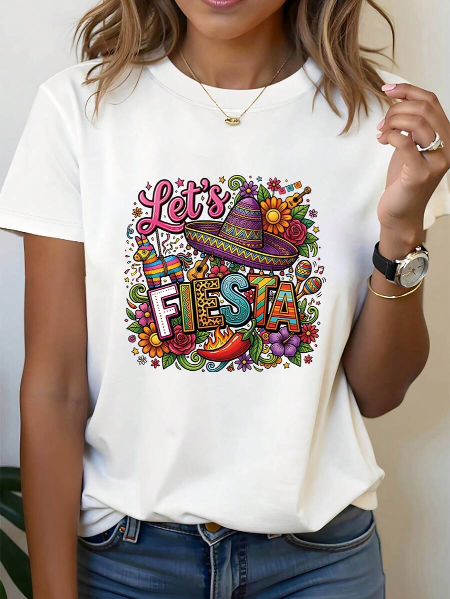 Camiseta de Mujer - Camiseta de Carnaval Mexicano "Let's Fiesta" para Mujer - Camiseta de manga corta con cuello redondo, con estampado vibrante de "Fiesta" y temática mexicana, blusa casual de primavera-verano adecuada para fiestas, atuendos de Cinco de Mayo, lavable a máquina, camisetas para salir para mujer. - Blanco - Ver 1