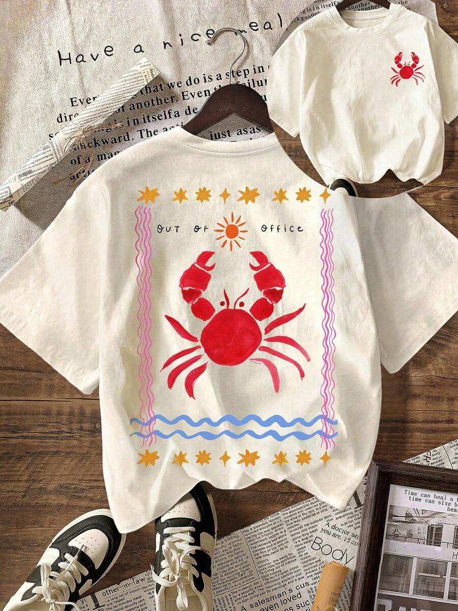 Camiseta gráfica de cangrejo "Fuera de la oficina", vacaciones de verano en la playa para tallas grandes casual - Albaricoque - Ver 1