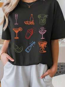 Camiseta de Alcohol Cocktail Vibes, Regalo Casual para Fiestas, Ropa para Bartenders, Salidas de Verano, Camiseta Divertida con Diseño de Bebidas Dibujado a Mano - Negro - Ver 5