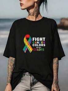 Camiseta Unisex Estampada Anti-Cancer Rainbow 180g Temática del Mes del Orgullo |   Ideal para eventos familiares y corporativos |   Camiseta de manga corta de una sola pieza - Negro - Ver 8