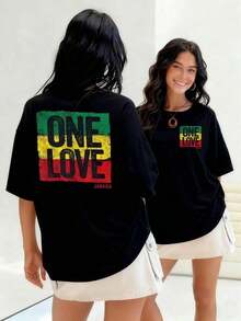NewSummerCasualOne Love With Reggae Green, Yellow And Red Stripes, A Statement Of Unity And Positivity, Women's T-Shirt, 100% Cotton For A Soft And Comfortable Feel. - Vintage Street Style Unisex Loose Cotton Short Sleeve Crew Neck T-Shirt - 黑色 - 查看 6