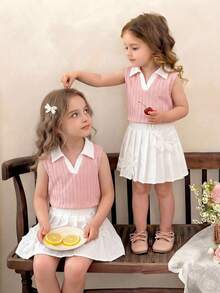 Girls' V-Neck Ribbed Knit Tank Top + Striped Bow Print Skirt 2Pcs Set, Suitable For Daily Wear, Outdoor Activities And Events, Spring/Summer - Baby Pink - View 7