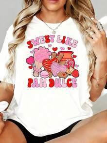 Women's "Sweet Like Pan Dulce" Graphic T-Shirt, Casual Loose Fit With Mexican Candy Design And Heart Motif For Valentine's Day Or Everyday Wear, 180g, For Leisure At Home, Outdoors, Valentine's Day Party Gift - 白色 - 查看 7