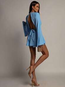 Vestido corto elegante 2026, espalda descubierta, cintura marcada, corte favorecedor para mujer. - Azul - Ver 3
