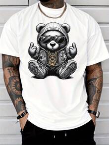 Camiseta masculina de manga curta estilo hip hop 2026 com estampa de urso estiloso, óculos da moda, capuz, corrente dourada e gesto obsceno. Ideal para o dia a dia, estilo streetwear e looks casuais. - Preto - Ver 7