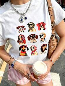 Stylish Dog Squad Graphic Tee, Cute Fashionable Puppy Print T-Shirt, Preppy Pet Lover Aesthetic Short Sleeve, Trendy Whimsical Casual Top - Blanco - Ver 1