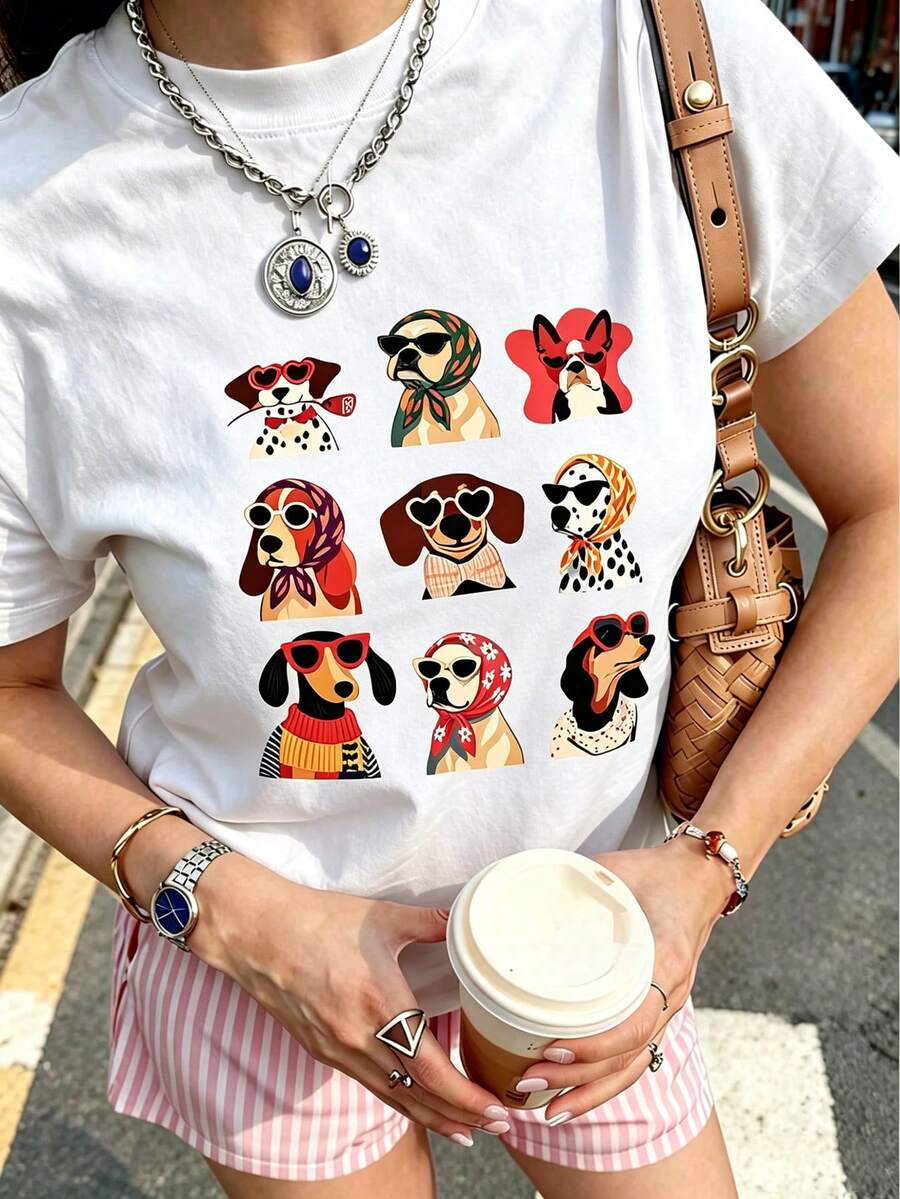 Stylish Dog Squad Graphic Tee, Cute Fashionable Puppy Print T-Shirt, Preppy Pet Lover Aesthetic Short Sleeve, Trendy Whimsical Casual Top - Blanco - Ver 1