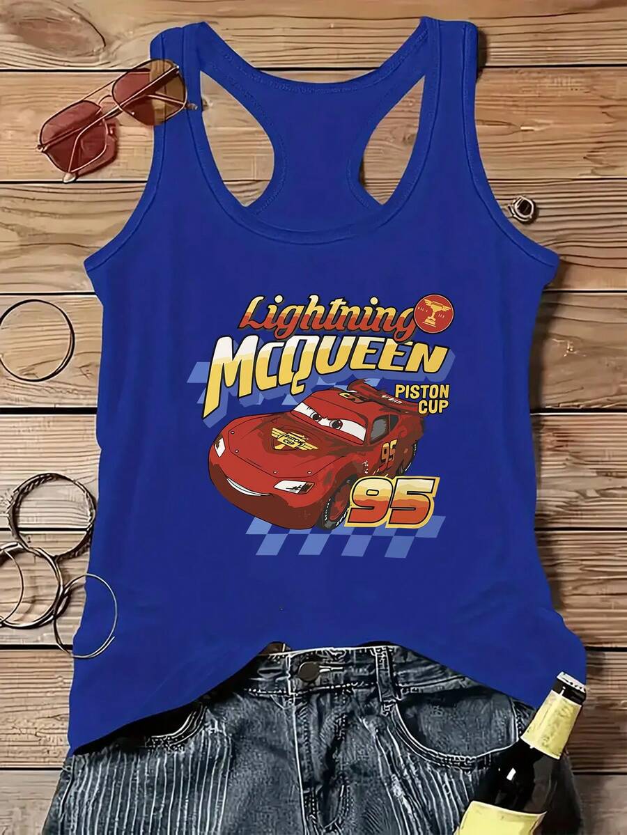 One Y2K Fashion Sleeveless Tank Vest T-Shirt With "Cars" Print | Cool Summer, Crew Neck Casual Top, Disney Genuine License, Spring Summer, Women's, Multiple Sizes And Colors Available - Màu xanh lam - Xem 1