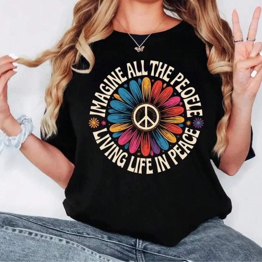 Camiseta 'Imagine Peace' Imagina que toda la gente vive la vida en paz Camiseta con estampado floral de margaritas y símbolo de paz Camiseta gráfica estilo hippie boho - Negro - Ver 1