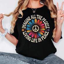 Camiseta 'Imagine Peace'   Imagina que toda la gente vive la vida en paz   Camiseta con estampado floral de margaritas y símbolo de paz   Camiseta gráfica estilo hippie boho - Negro - Ver 7