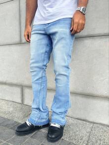 Celana Jeans Denim Stretch Slim Fit Pria, Gaya Jalanan Kasual dengan Efek Usang, Cocok untuk Semua Musim - Baby Blue - View 2