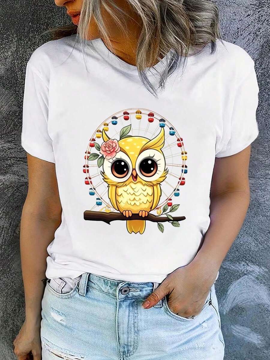 Camiseta de verano para mujer, de manga corta y estampada, moderna y casual, lavable a máquina, ajuste cómodo, estampado plano 2D. - Blanco_04 - Ver 1