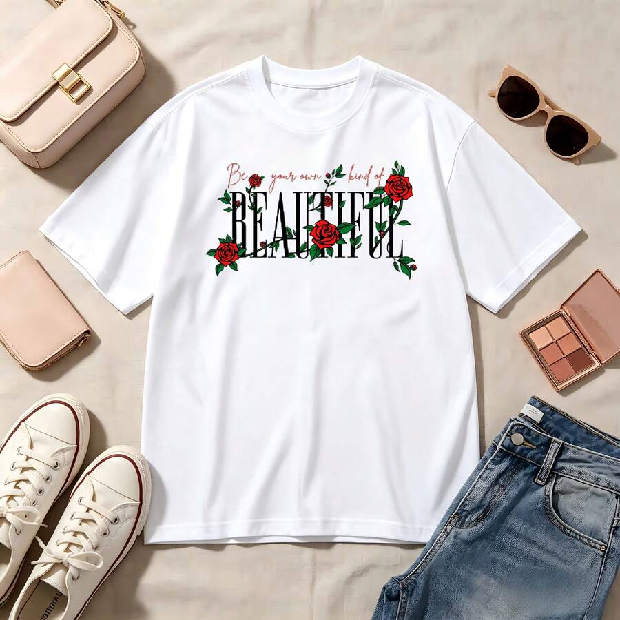 Retro, Romantic, 100% Cotton, Oversized, Soft Breathable, Casual Crewneck, Short Sleeve Top, Summer Vibes, Floral Beauty Lovers - Blanco - Ver 1