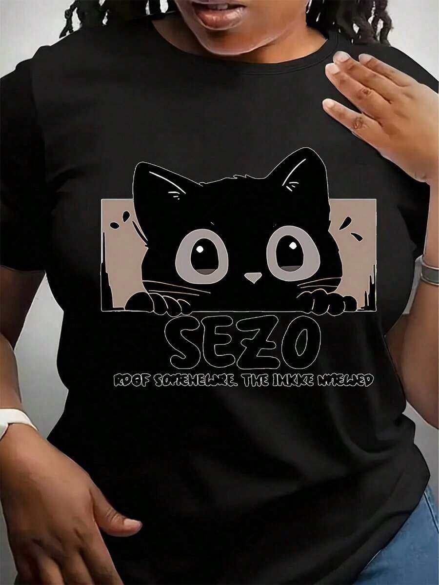Camiseta de verano para mujer, casual, holgada, de manga corta - Bonito estampado de gato negro, cuello redondo, top informal, camiseta con diseño de gato, ropa cómoda para el fin de semana, camiseta con diseño divertido, tela opaca. - Negro - Ver 1