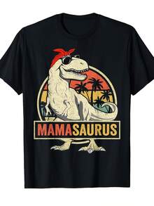 Summer Mamasaurus-Rex Dinosaur T-Shirt, Funny Mother's Day Gift For Mom, Unisex Adult T-Shirt, Classic Fit, Black, Short Sleeve, Fun Print And Round Neck, Casual And Comfortable Wear For Travel, Fashion Style, Loose And Comfortable. - Back - View 1