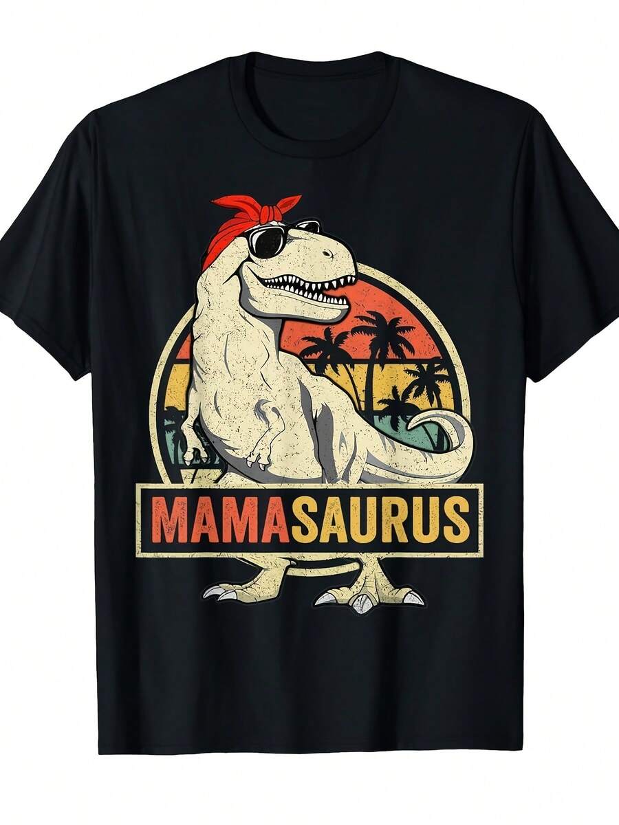 Summer Mamasaurus-Rex Dinosaur T-Shirt, Funny Mother's Day Gift For Mom, Unisex Adult T-Shirt, Classic Fit, Black, Short Sleeve, Fun Print And Round Neck, Casual And Comfortable Wear For Travel, Fashion Style, Loose And Comfortable. - Back - View 1