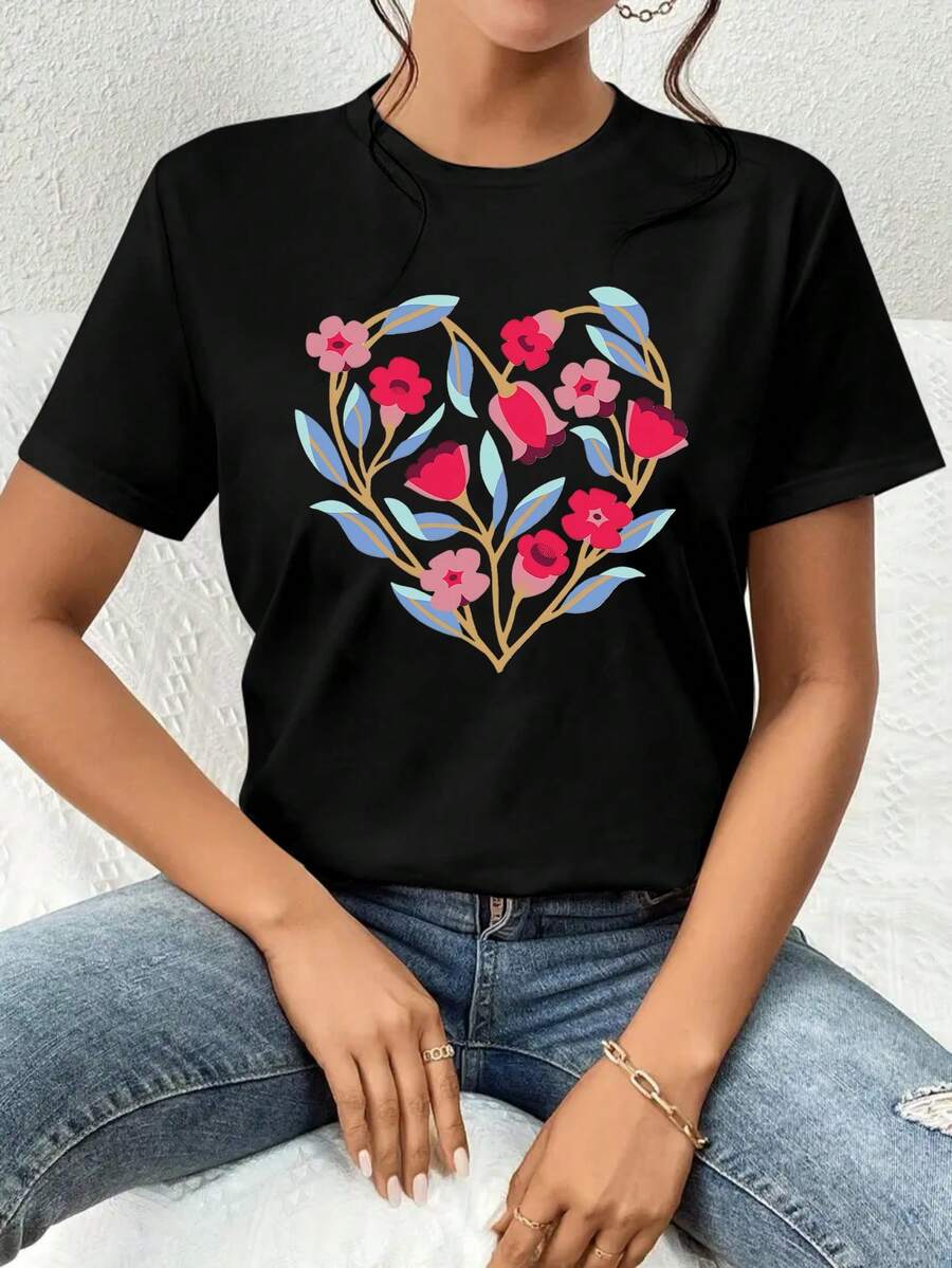 Women's Casual Short-Sleeved Crew Neck T-Shirt With Pink Heart Floral Print - The Perfect Choice For Valentine's Day, Spring And Summer. - 黑色 - View 1