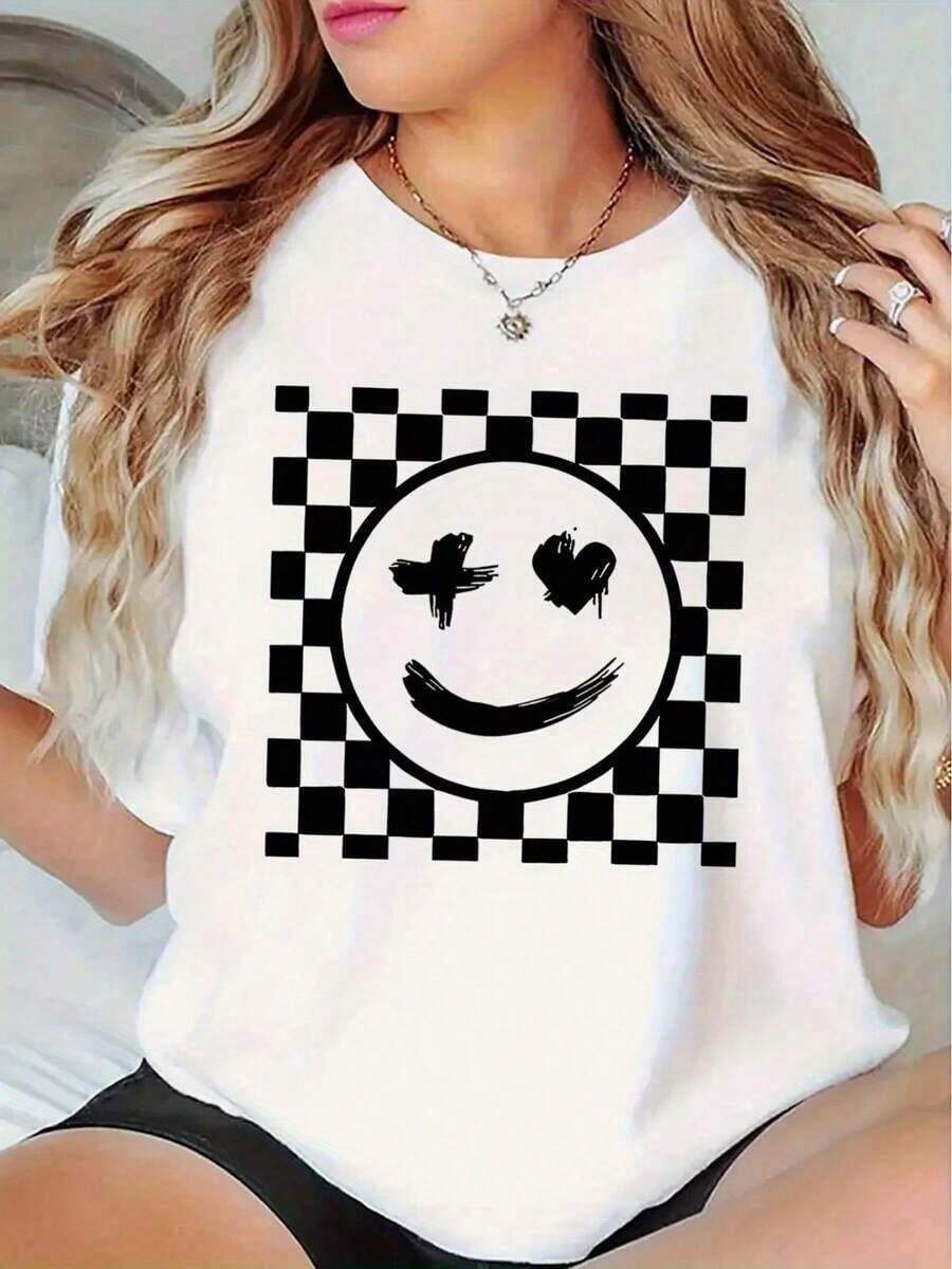 100% cotton Camiseta de manga corta para mujer con diseño de cuadros moderno y estampado de cara sonriente para el verano - Blanco - Ver 1